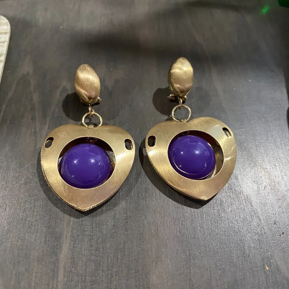 Gold Brush Metal Purple Stone Industrial Modernist Artsy Steampunk Earrings 2,5